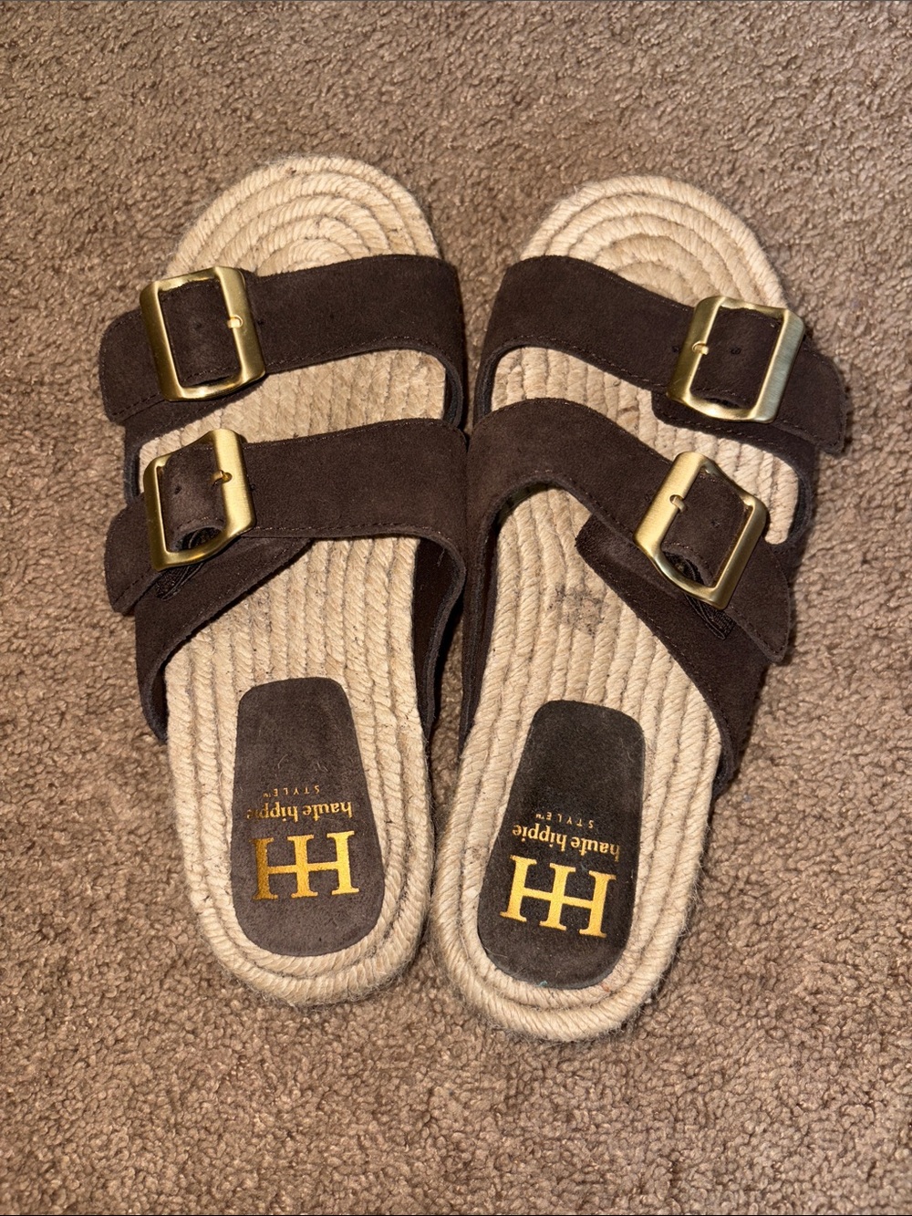 Haute Hippie Dark Brown Suede Double-Buckle Slide Sandals with Gold Buckles